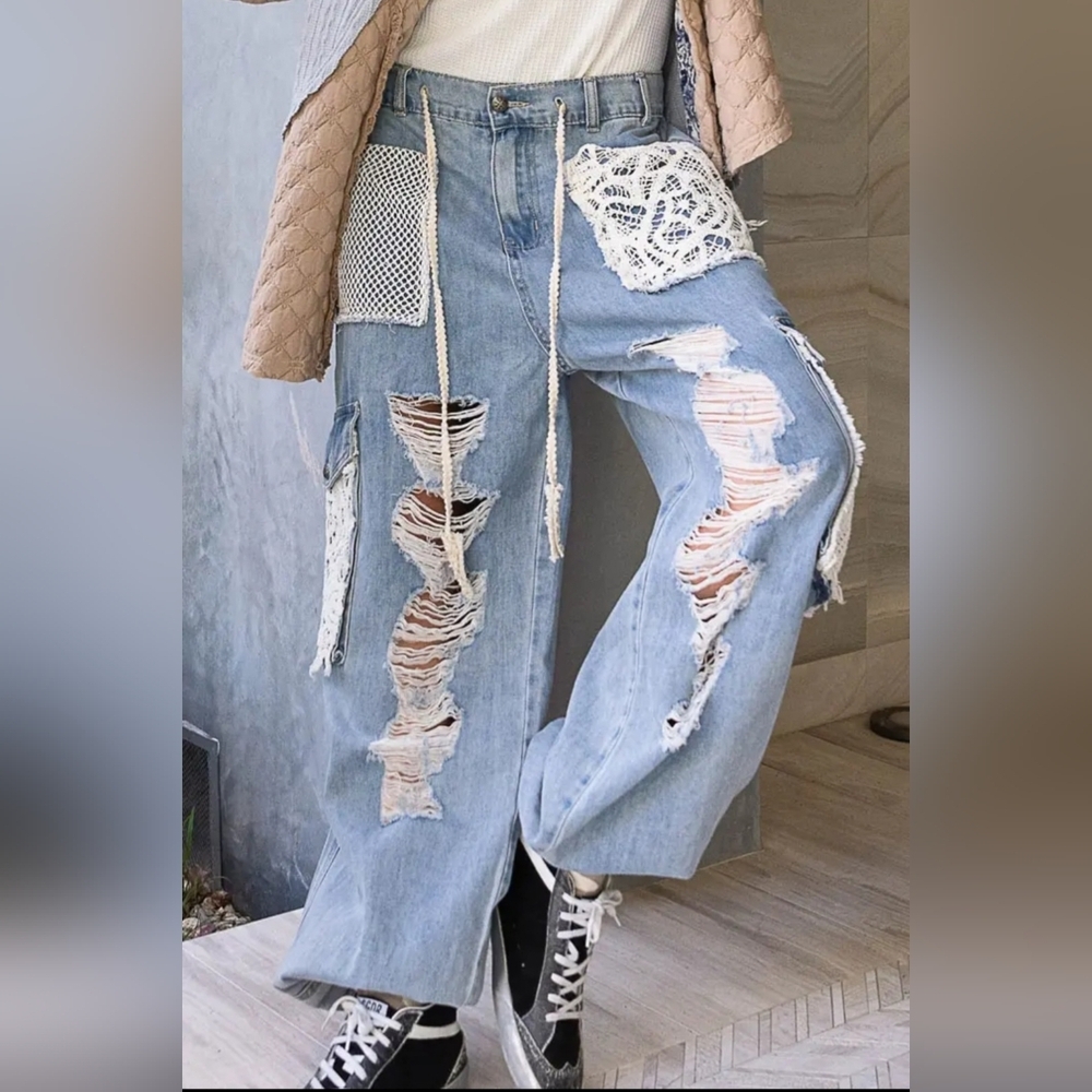 POL Blue Denim Jeans with Distressed Lace Design